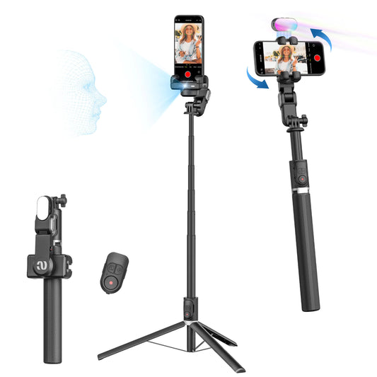 Auto Face Tracking Tripod 360 Rotation w/Stand for iPhone Android,Selfie Stick Phone Stand 360 Rotating for Video Recording,Phone Holder Follow You w/Remote,RGB Light for TikTok(M2Pro White)